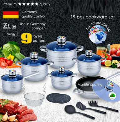 Набір каструль та антипригарної сковороди з нержавіючої сталі German Family набір посуду 18 предметів.