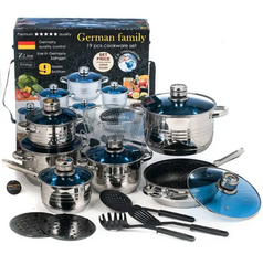 Набор кастрюль и антипригарная сковорода из нержавеющей стали German Family набор посуды 18 предметов