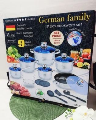 Набір каструль German Family 18 предметів та сковорода з нержавіючої сталі з товстим дном